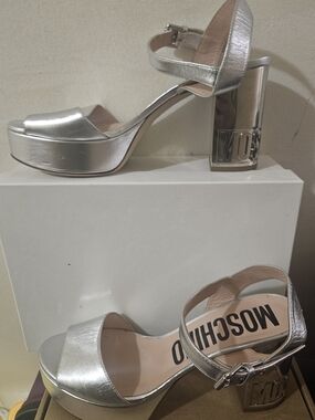 Moschino Silver Metallic Platform Block Heel Sandals with Logo Heel Size 40